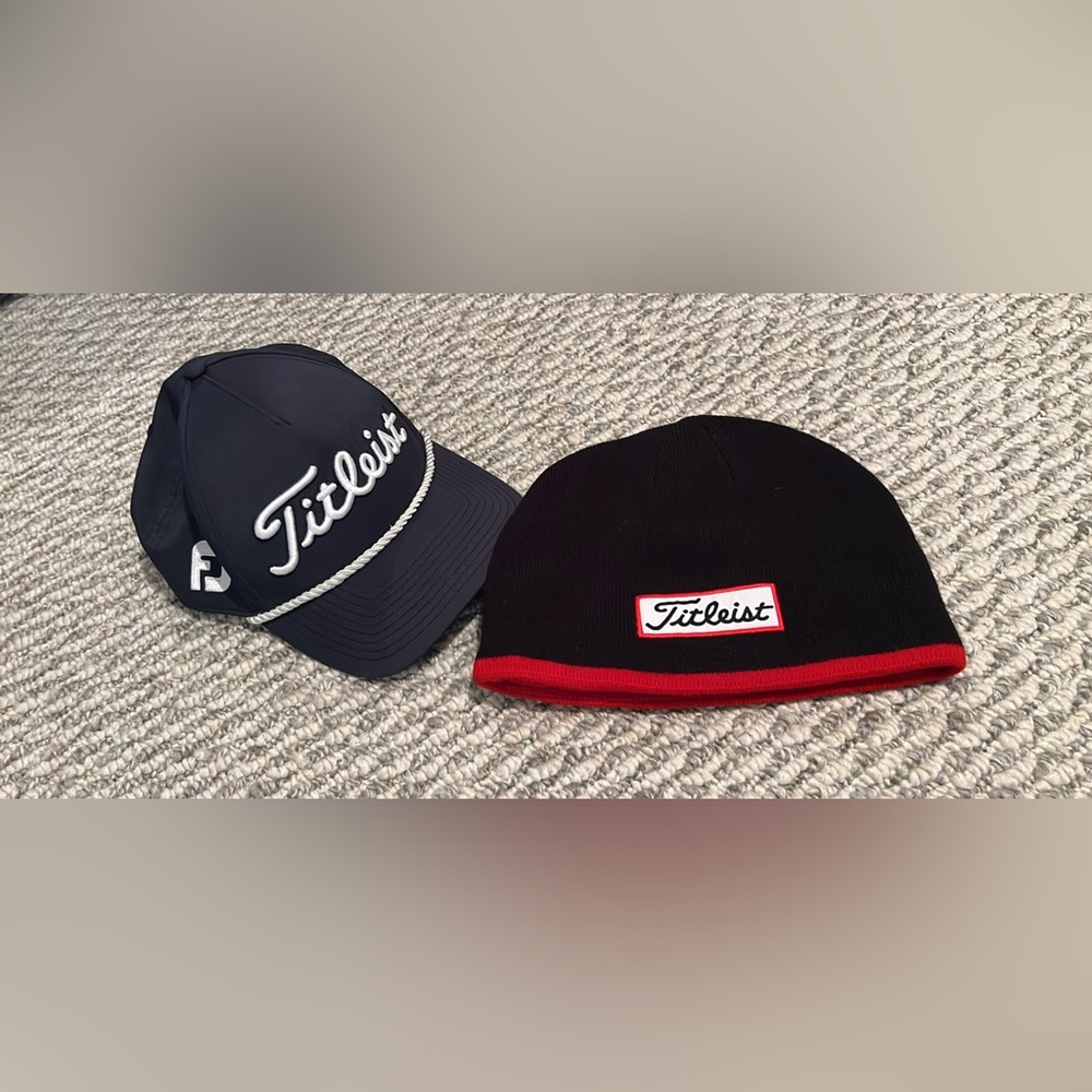 Titleist golf hat and Black Beanie with Red Trim